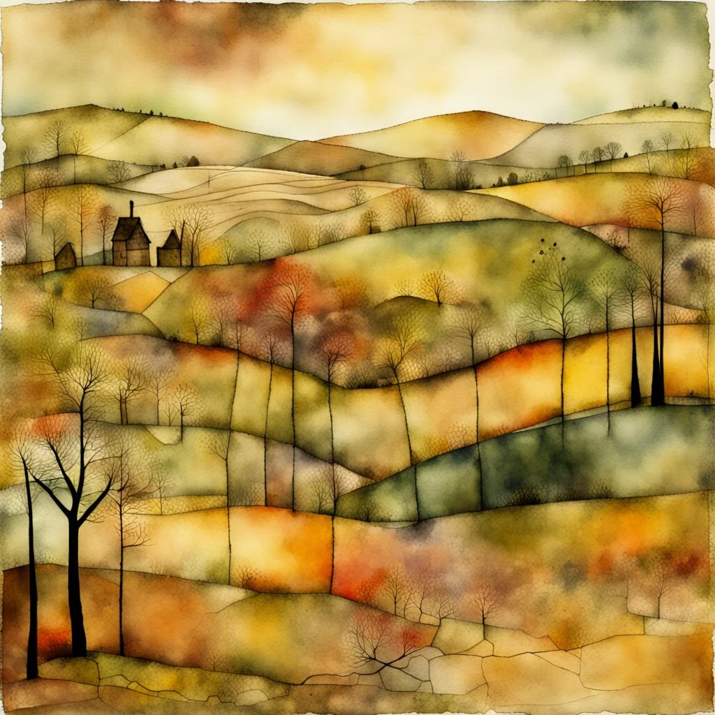 autumn landscape in patchwork, soft and delicate watercolor, with added electronic wires, patina of ancient stone with moss, art brut, moody, somber, desaturated colors, in the style of Paul Klee, Arthur Rackham