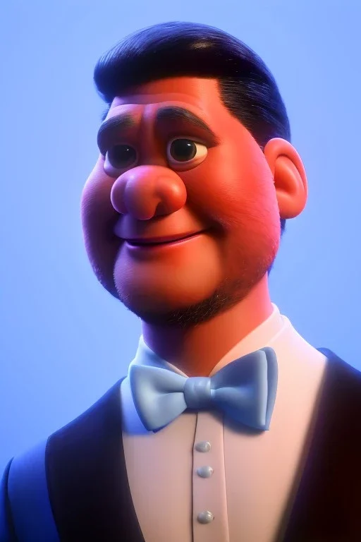 Waist up muppet Portrait, Xi Jinping as muppet doll, Black suit, red tie, photo studio, blue background, unreal engine 5, concept art, art station, god lights, ray tracing, RTX, lumen lighting, ultra detail, volumetric lighting, 3d.