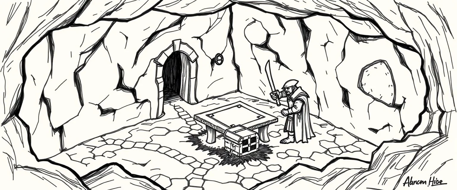 hand drawn map of 4x4 meter room, with an ogre and an orc captain, and a chest under a table, the room is rough and cavelike, we also see winding paths around the room