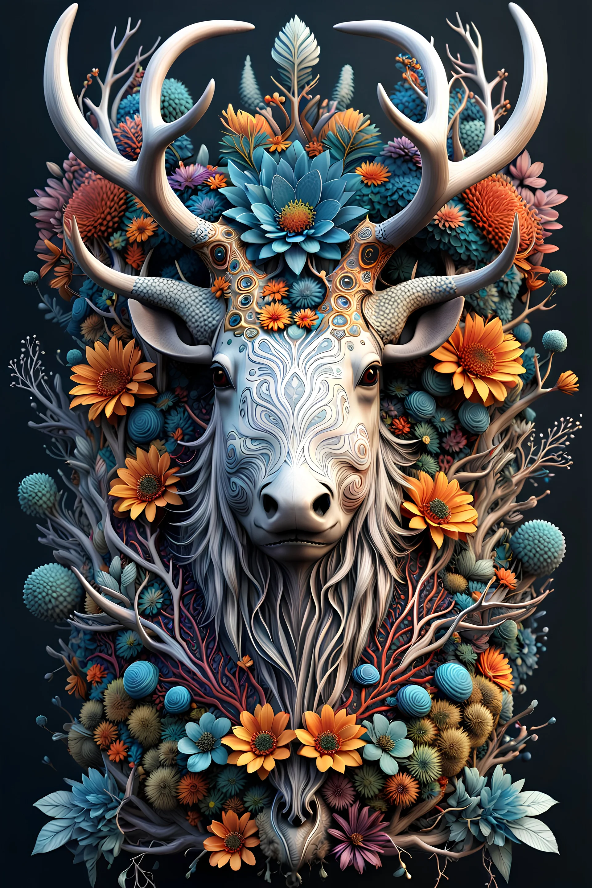 3D rendering of Expressively detailed and intricate of a hyperrealistic “organism”: front view, colorful, antler, tribalism, detailed with flowers, shamanism, cosmic fractals, dystopian, octane render, 8k post-production, dendritic, artstation: award-winning: professional portrait: atmospheric: commanding: fantastical: clarity: 16k: ultra quality: striking: brilliance: stunning colors: amazing depth