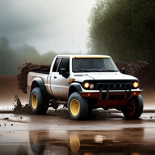 hyperrealistic shot, muddy fast moving 4x4 truck, monotone color palette, sharp focus, puddle reflec1tion, tire mud splashes, refraction, mist on the horizon, thunder and lightning, overcast shadow, detailed and intricate, cinematic composition, 8k, micro, tilt shift photography, bokeh