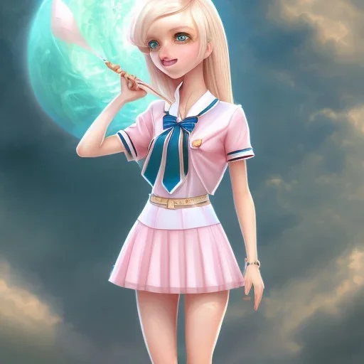 A very cute girl full body,wearing a short skirt,with blonde hair with a fade of light pink,sailor uniform,full round face