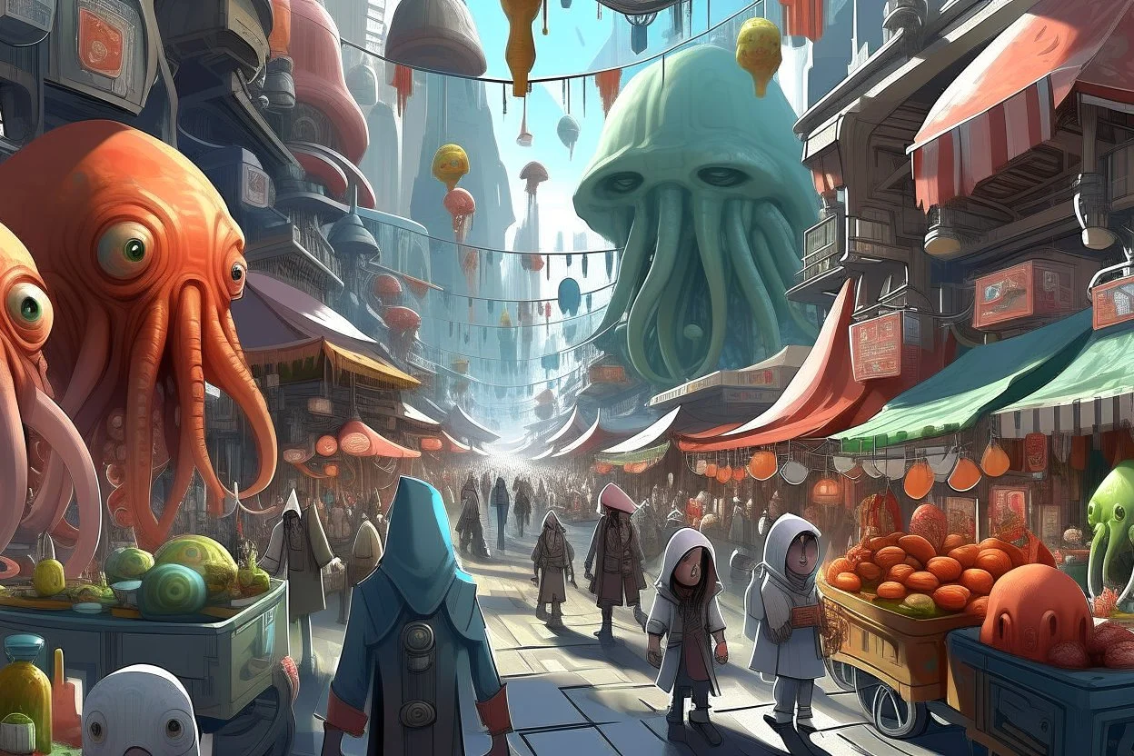 Intergalactic city market with furry robots, and squid swarms.