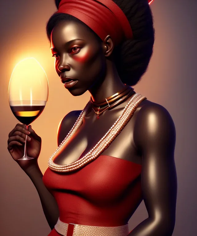 Negra Francisca, beautiful, curvy body, mature African slave, simple red fabric dress, beautiful long black hair, red headband, head and shoulders portrait, holding glass of wine, 8k resolution concept art portrait by Greg Rutkowski, Unreal Engine 5 volumetric lighting