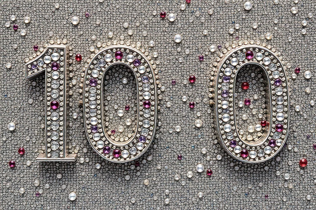 a silver world in the style of klimt– that says 100 on it decorated in gems glorious beautiful