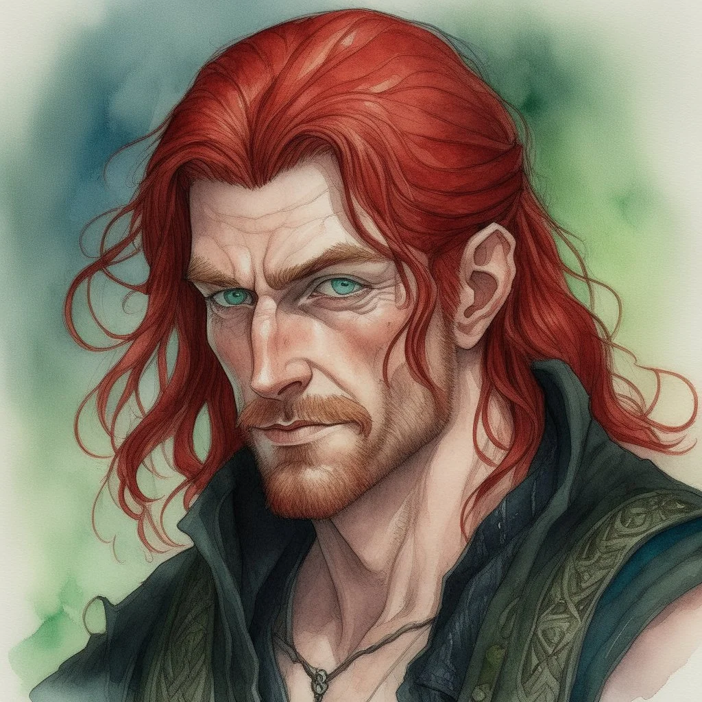 dnd, fantasy, watercolour, large strokes, stylistic, portrait, illustration, dull colours, male, face, narrow long face, weathered face, green eyes, determined, smiling, red hair, very long hair streaming down the shoulders, lush hair, radiating light, five o'clock shadow, elegant