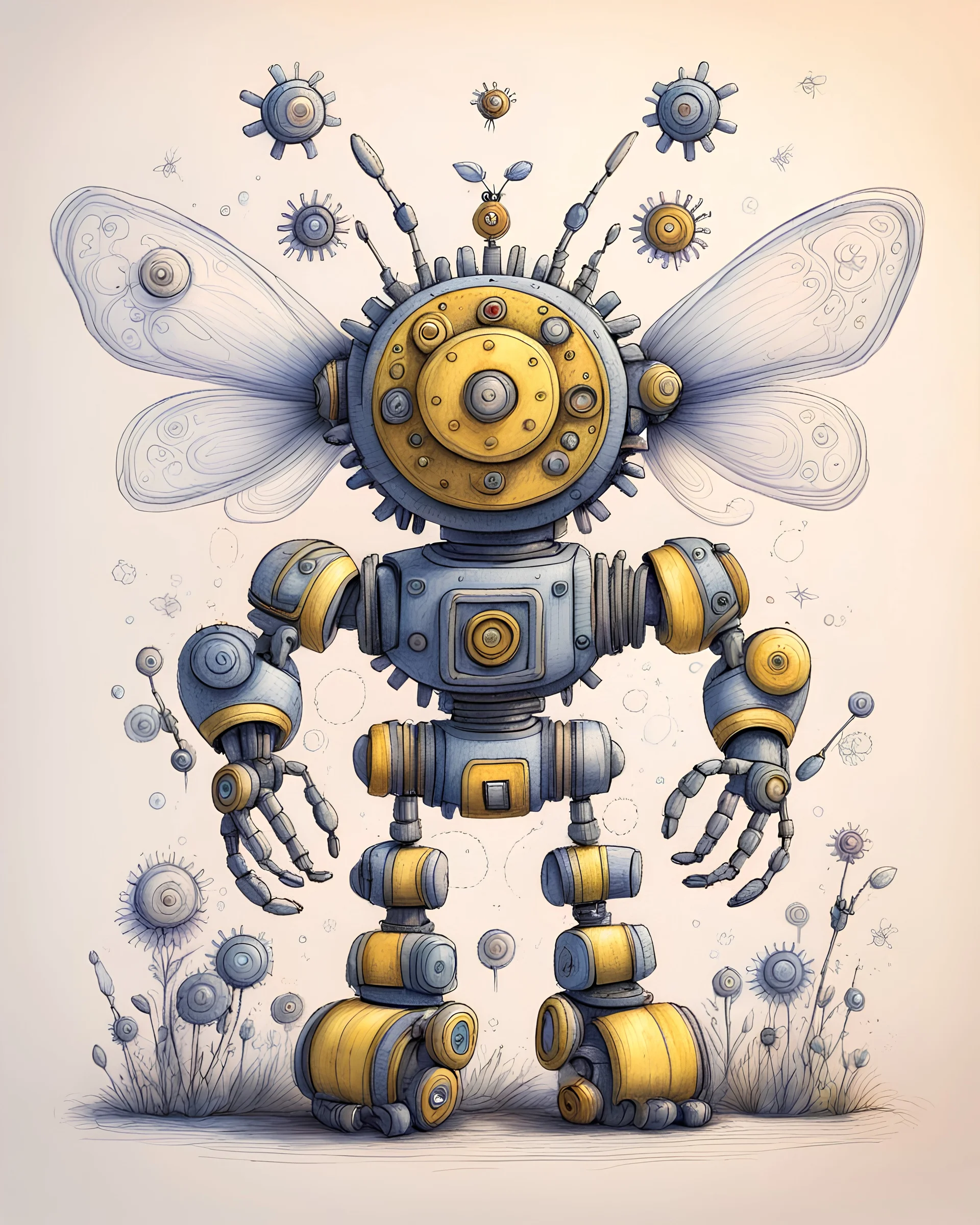 a robot made in the shape of a gear wheel with a small robot bee above the head for a children's fairy tale, made with crayons, scale the drawing so that it does not protrude beyond the view