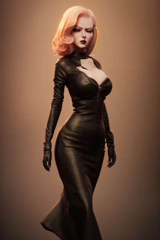 Mari Blanchard in a black leather gown, evil, femme fatale, villain, leather, busty, cleavage, angry, stern look. character design by cory loftis, fenghua zhong, ryohei hase, ismail inceoglu and ruan jia. unreal engine 5, artistic lighting, highly detailed, photorealistic, fantasy