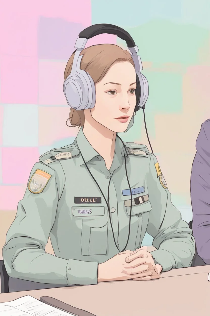 A simultaneous interpreter is sitting at a table with headphones on at a foreign briefing, the background is blurred, everything is in pastel colors