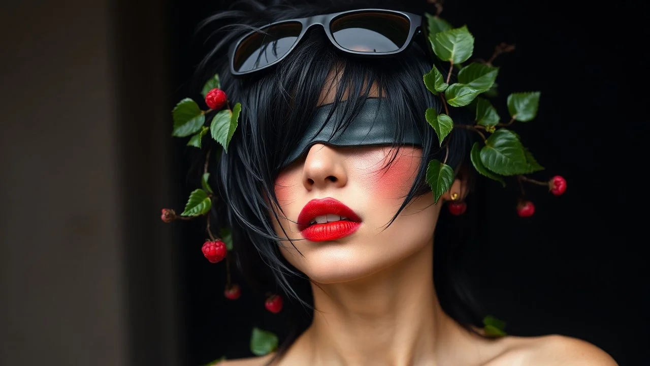 "woman, messy black hair, made of shiny texture, sunglasses on head, red blush, blindfolded, half grin, vine design, raspberry, surreal, futuristic, black outdoor background, peach skin, leafy textures, shiny plastic, organic aesthetic, rose red hue, green leaves, alien design, mutant structure, red mouth, bizarre aesthetic"
