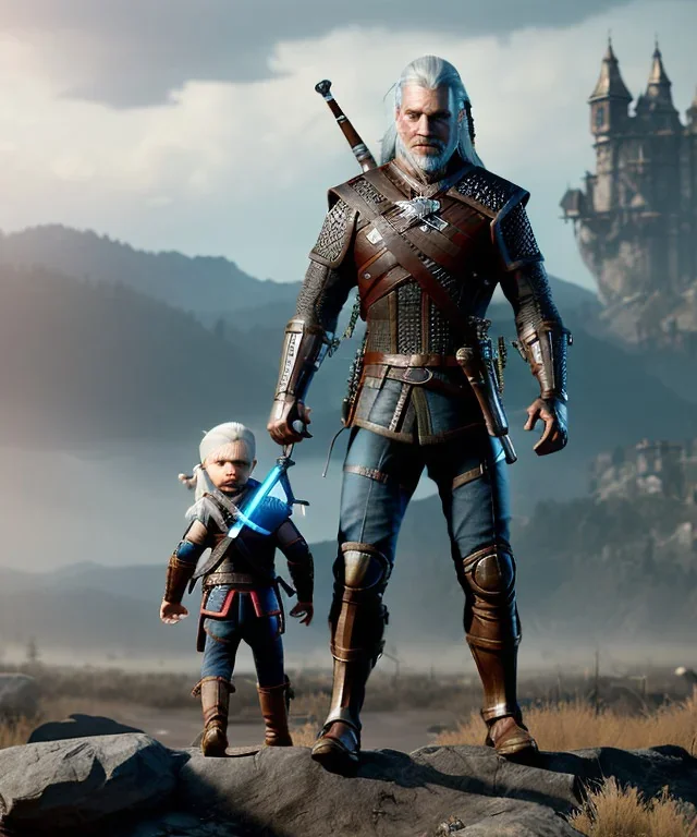 Geralt of rivia toddler, RoboCop, full body, steampunk, dramatic lighting, hyper realistic,