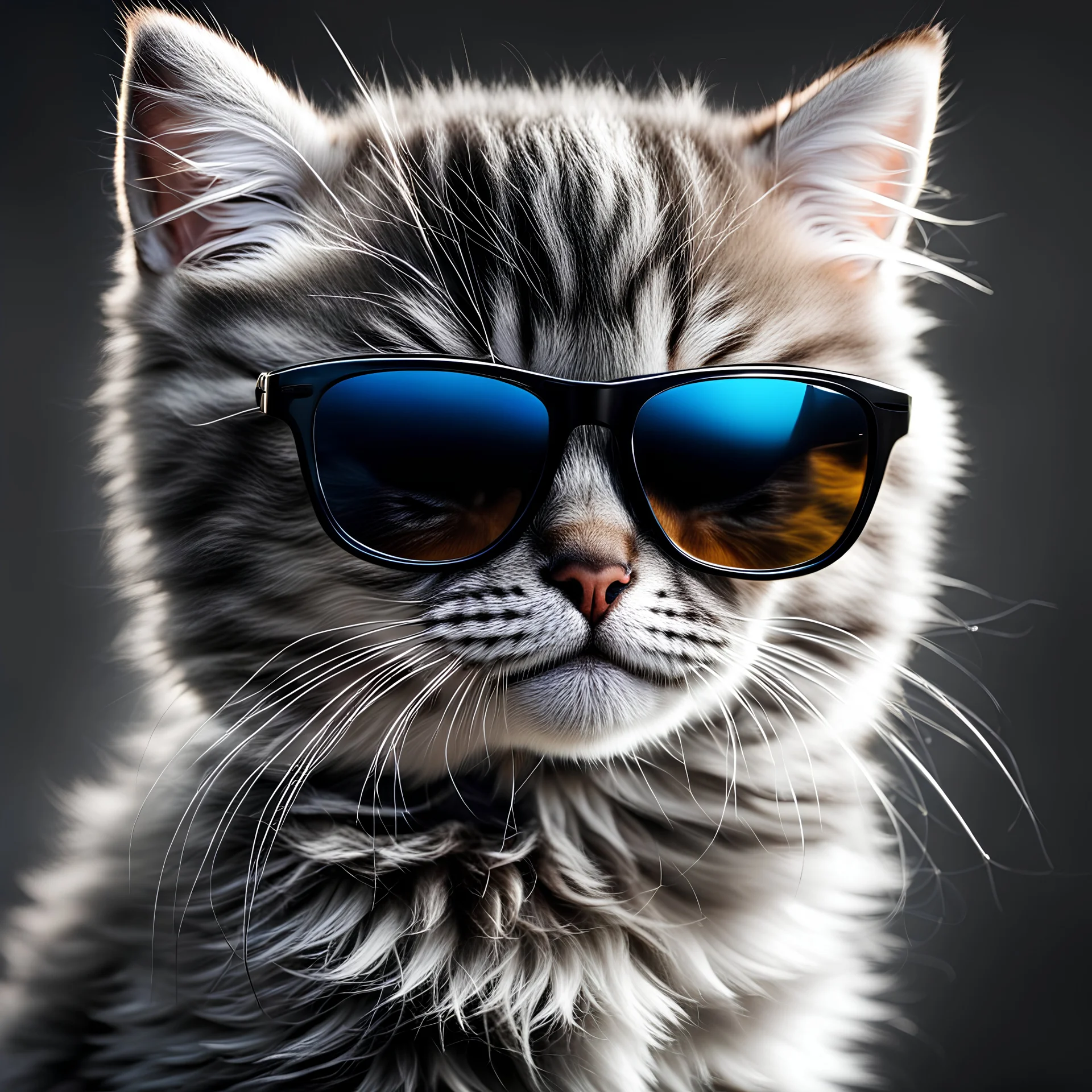 incredibly cute beautiful little grey fluffy kitten with sunglasses , natural vivid colors, dynamic light and shadow, very detailed scene with intricate details, realistic, natural colors ,perfect composition, insanely detailed 32k artistic photography, photorealistic concept art, soft natural volumetric light