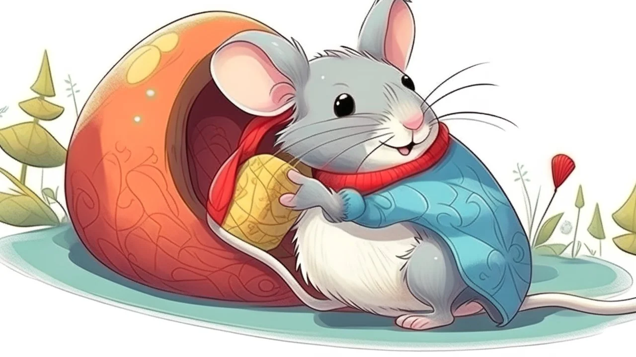 fantasy cartoon style illustration: A tiny mouse is sitting in a handglove.