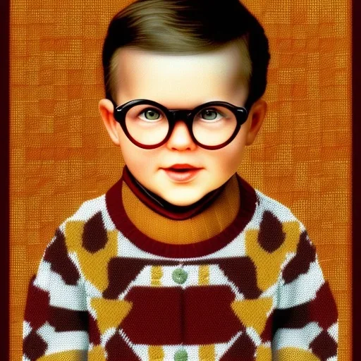 Peter billingsley chubby kid Tortoise-shell glasses, Holding a ((dark red soap bar)) in his hand, brown argyle sweater, no wrapper