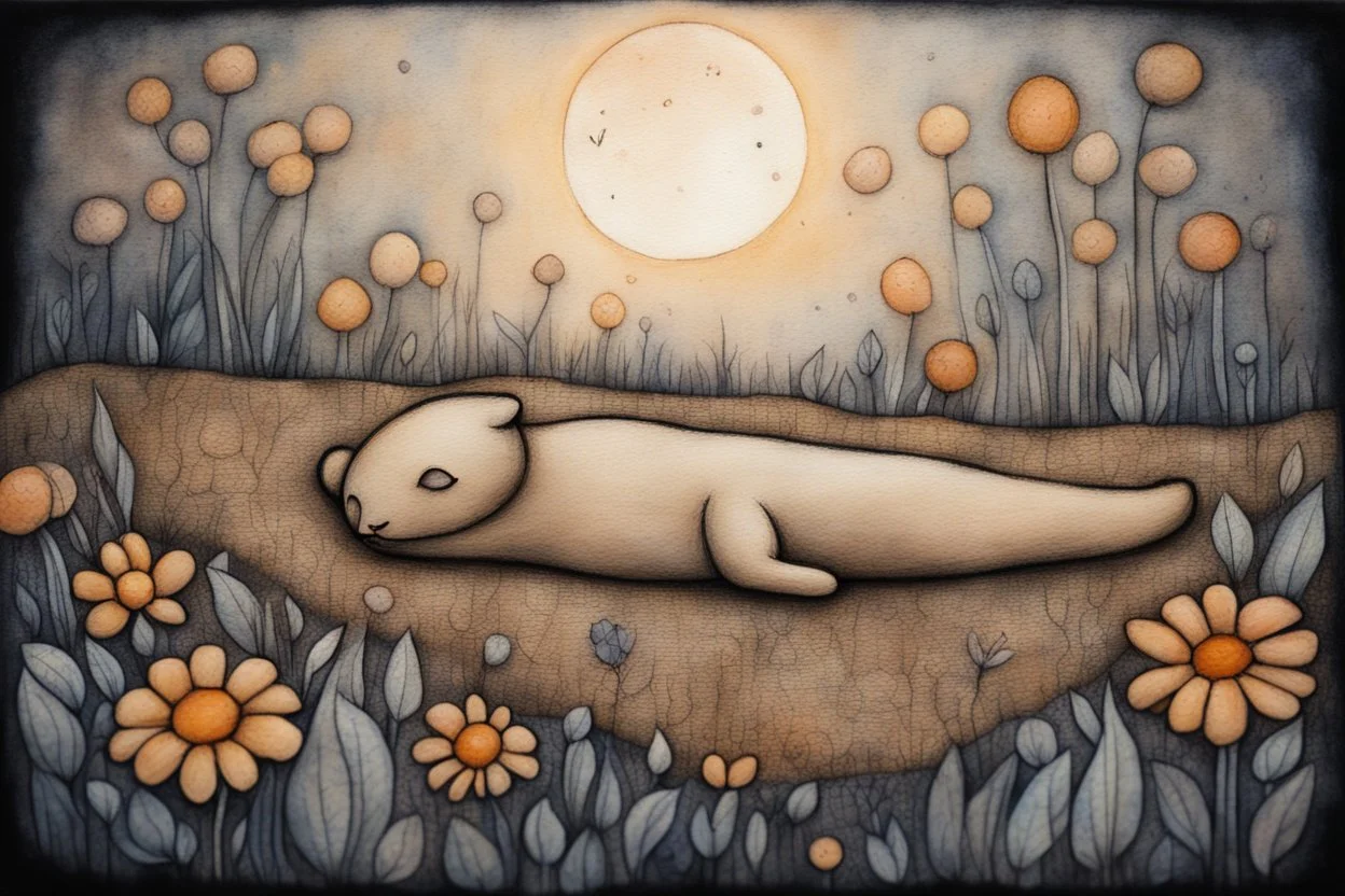 painted and burned burlap, moonlight, cute chibi sleeping animal on a flower bed, styles of Paul Klee Dee Nickerson and Tim Burton, melting watercolor and black ink outlines on wet paper, soft, shading strokes, in candlelight, ethereal, otherwordly, cinematic postprocessing, bokeh, dof