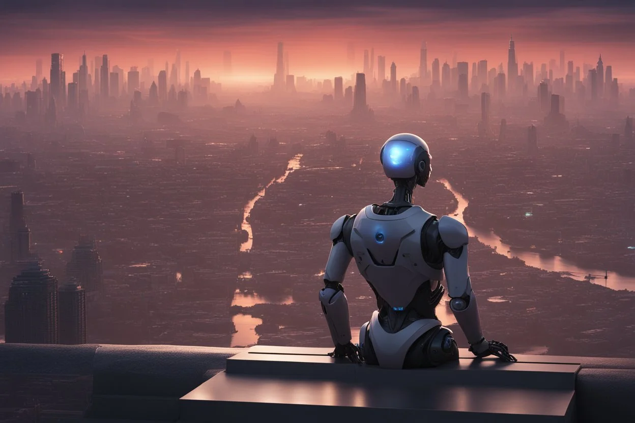 Humanoid looking robot looking out over an alien town skyline at dusk