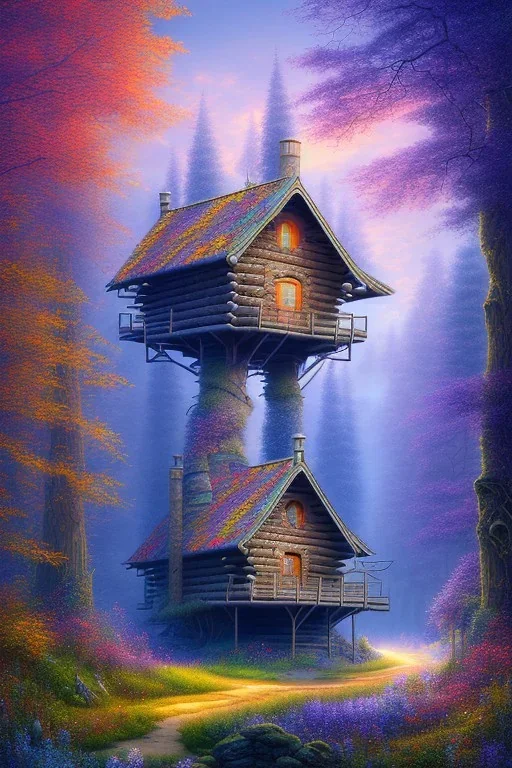 sharp focus, fine detail, romanticism, mystical forest, wooden cabin, Neo-Impressionism, mystical, purple blue yellow silver teal black olive azure, red, pink, brown, flowers,