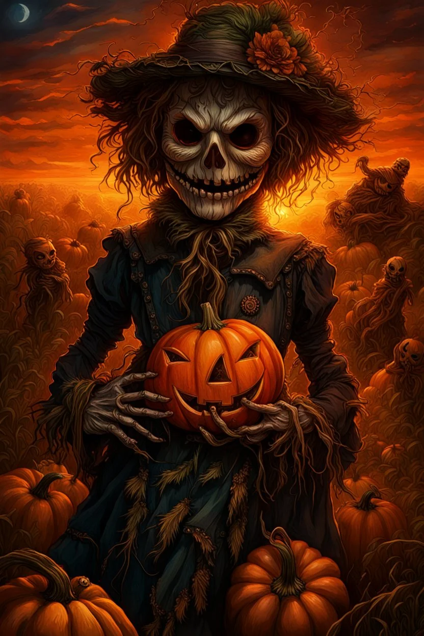 works by Mark Keatley, Josephine Wall, Ellen Jewett, Dan Mumford Cayenne, Victoria Francis. dancing scarecrow with a scary pumpkin head in a field with scarecrows, High Definition HD, High Detail, UHD Pen and Ink Art, Perfect Composition, Detailed Intricacy, Crazy Octane Rendering, Trending on Artstation, 8k Fine Art Photography, Photorealistic Concept Art , soft thoughts, 3D cinematic perfect light, 3D rendering, famous, unforgettable., photo, poster, cinematic