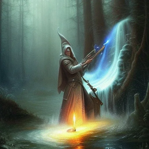 romantic fantasy spray painting, william Turner, watercolor, dark robed poet playing lute for an elf in magical winding forest, illithid in waterfall, movie poster