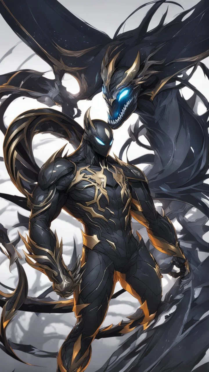 Rainhard suit mix with venom symbiote in solo leveling shadow artstyle, rainhard armor, demon lord them, intricate details, highly detailed, high details