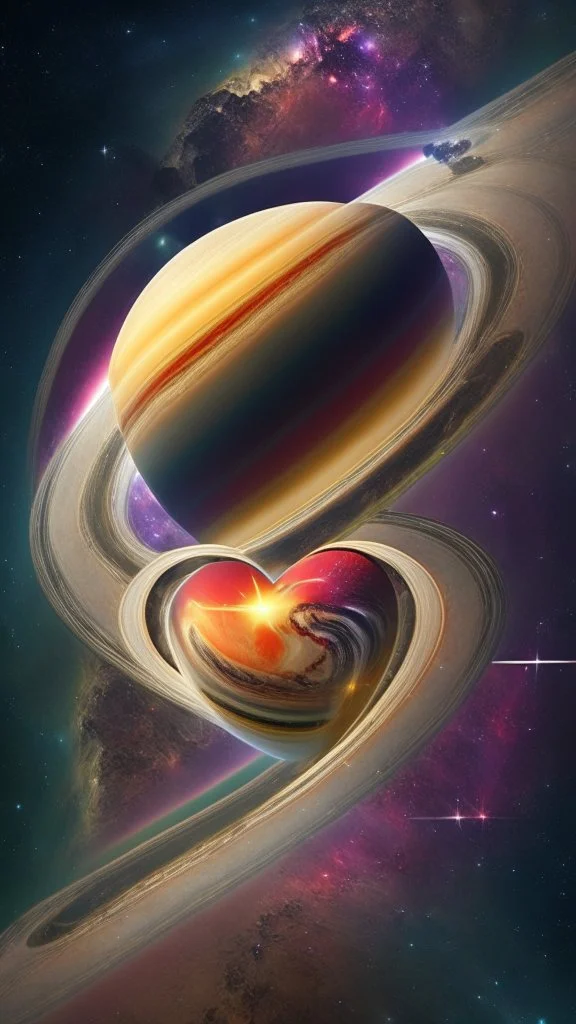 heart-shaped planet in space, with saturn rings , photorealistic