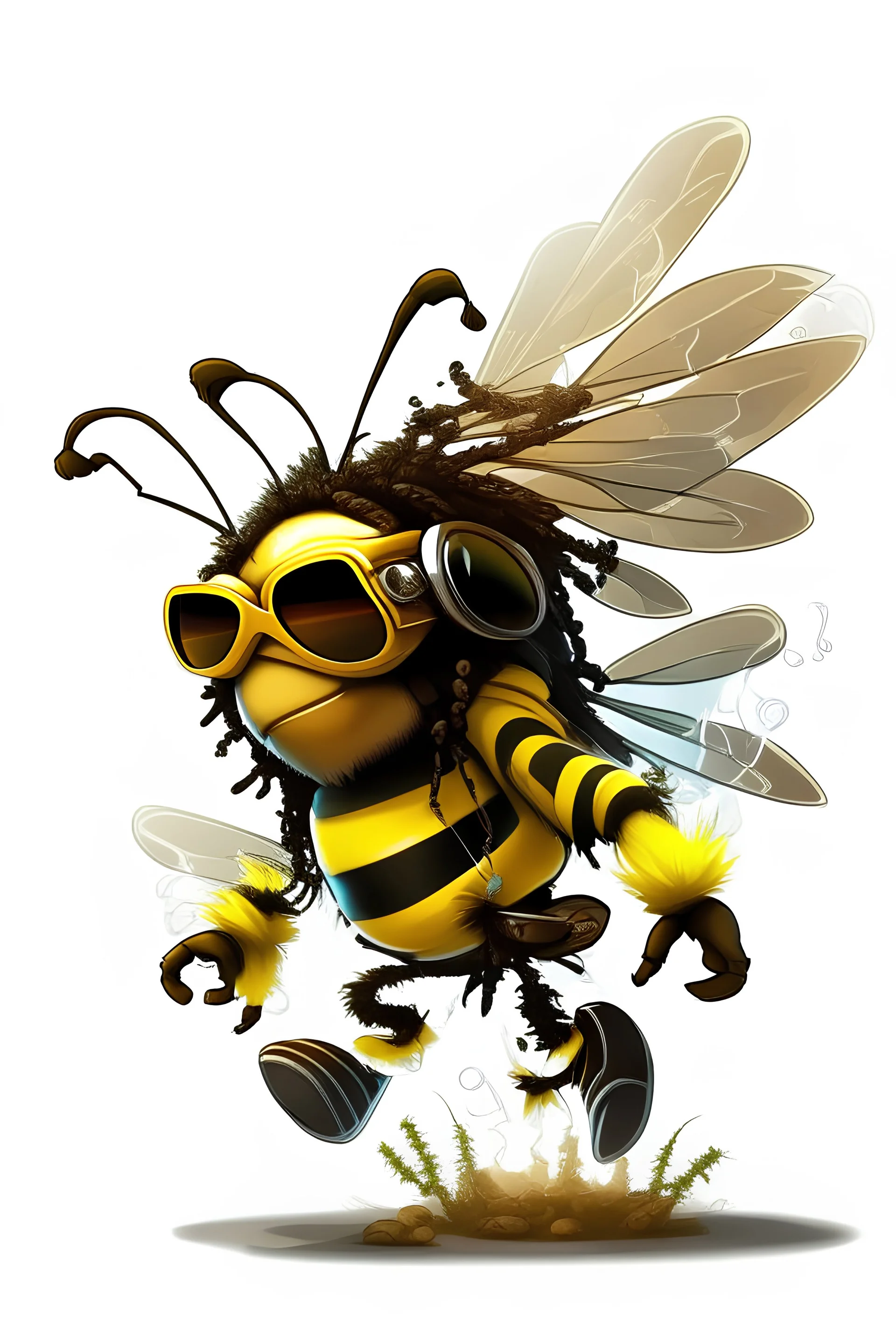 cartoon style bumble bee smoking wearing shades dreadlocks and flying transparent background