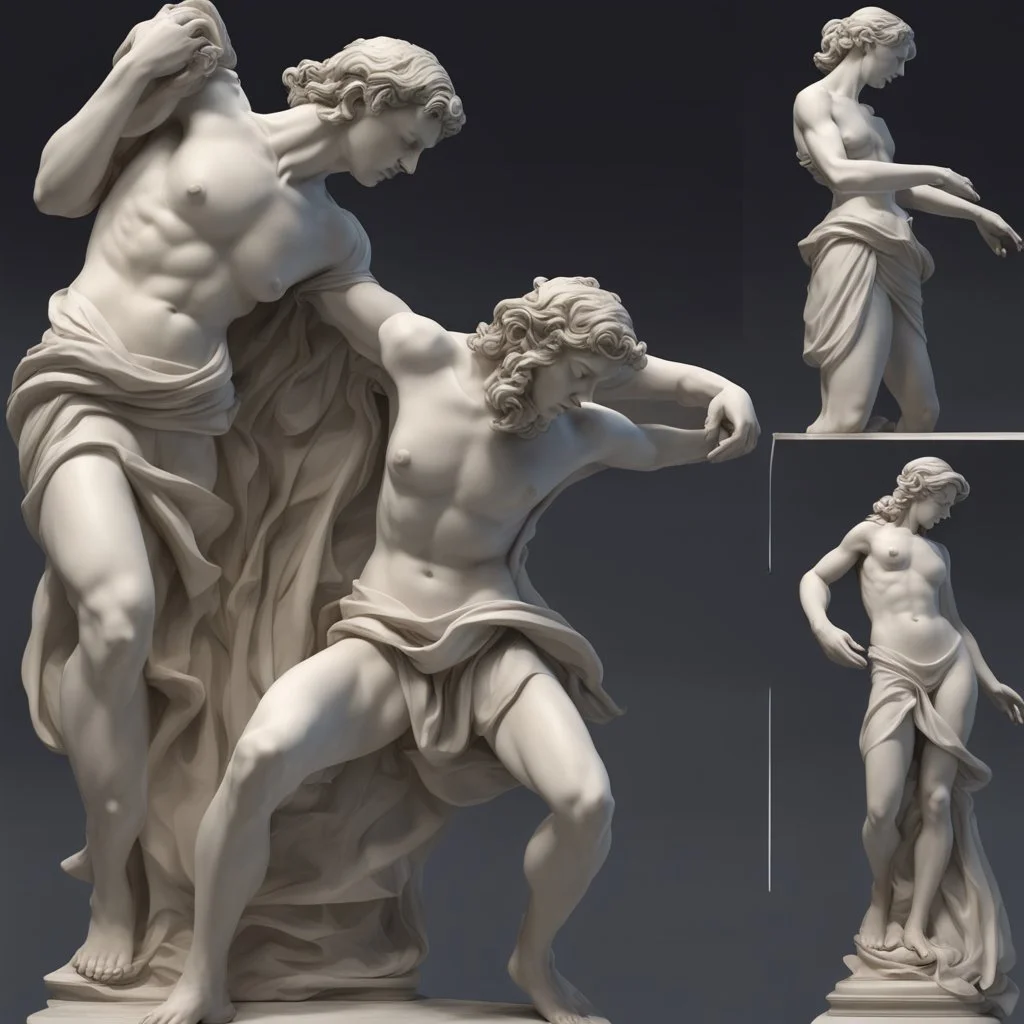 ancient renaissance figure interacting, statuesque model human poses, dynamic lighting, realistic, marble statue, bent poses