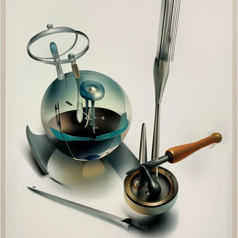 Soap Bubble,complex surgical instruments mixed with musicial instruments,minimalism,Painting By Adrian Ghenie, Rene Magritte, Salvador Dali, Lucian Freud