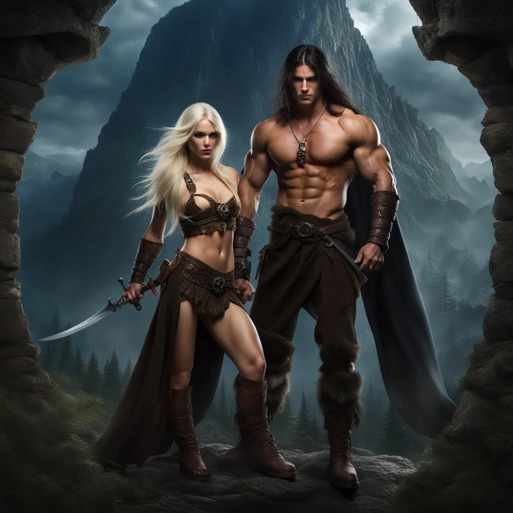 muscular male mountain man with long dark hair with a petit female long blonde hair, dark fantasy,