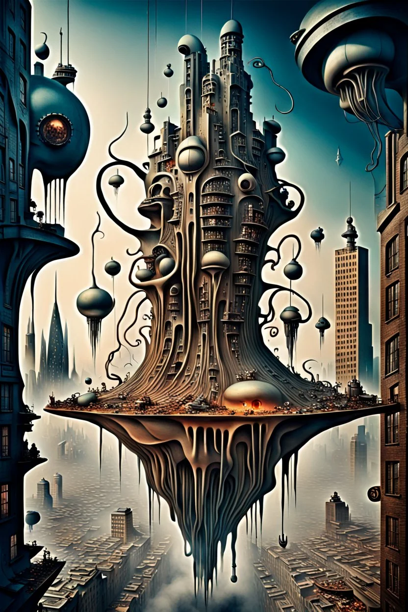 a stunningly weird image of a futuristic metropolis using Salvador Dali's paranoiac-critical method, where buildings and structures appear to melt into the skyline cityscape is filled with floating medusas and mad, twisted metal shapes that interact with the buildings and each other, forming a surreal tableau of a dreamlike reality. neu-steampunk vibe, essence of the scene in a cinematic manner, with dramatic shadows that enhance the distorted perspectives and bizarre mood