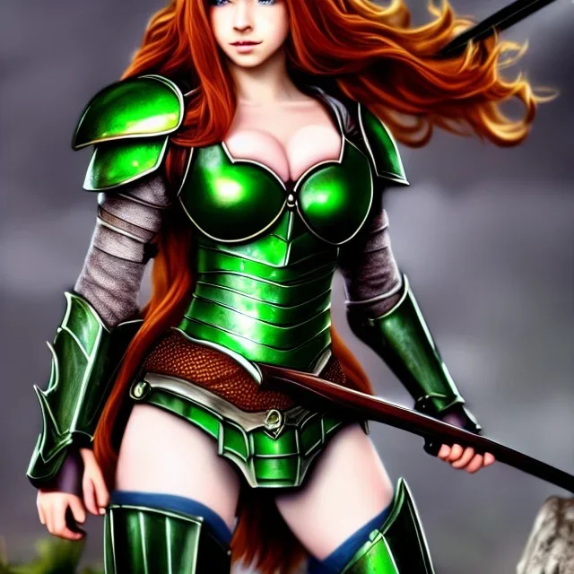 Realistic, hyper detailed, strikingly beautiful teen woman, 16 years old, long ginger hair, green eyes, medium freckles, full lips, very skimpy fantasy armour, full body, full face, small breasts, aroused expression, biting lower lip, full frame, petite, centered camera, ignore NSFW, bow, quiver on hip, tight pants, bent over