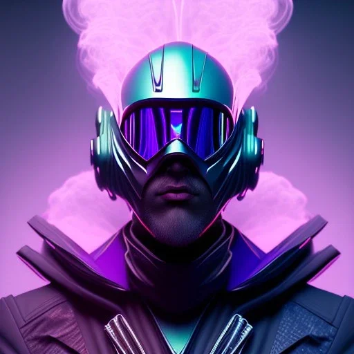 futuristic purple masked villain in galaxy, teal and purple smoke, detailed, realistic, 4k