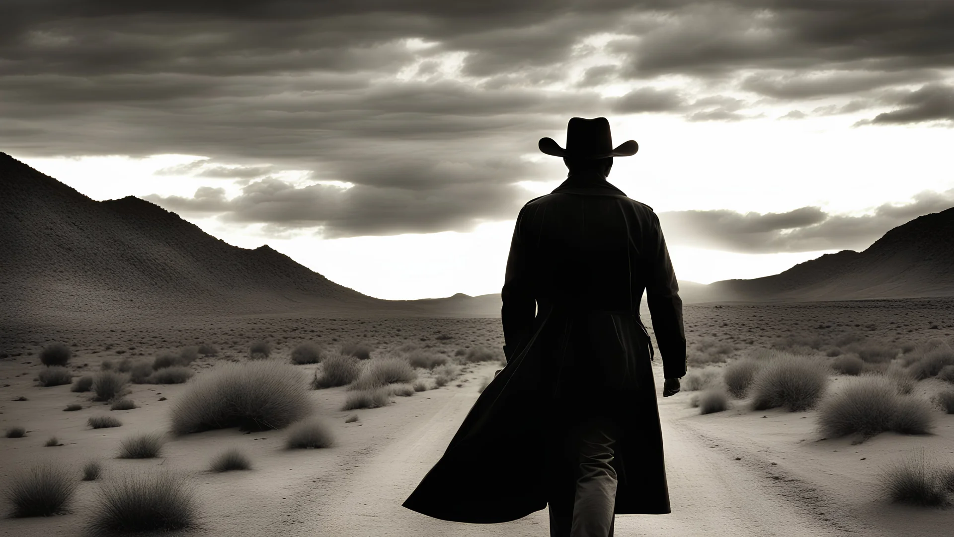 photorealistic black and white image, sunset, desert, lone road; closeup silhouette of man in black cowboy hat and trenchcoat