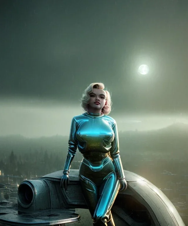 Ultra Realistic retro sci-fi 1960 scene, waist up view portrait, blonde woman, sweet young Marilyn Monroe face, perfect iris, tight latex coat, Strange planet background, Retro sci-fi style glass helmet, sphere dron, fog, rain, soft color, highly detailed, unreal engine 5, ray tracing, RTX, lumen lighting, ultra detail, volumetric lighting, 3d, finely drawn, high definition, high resolution.