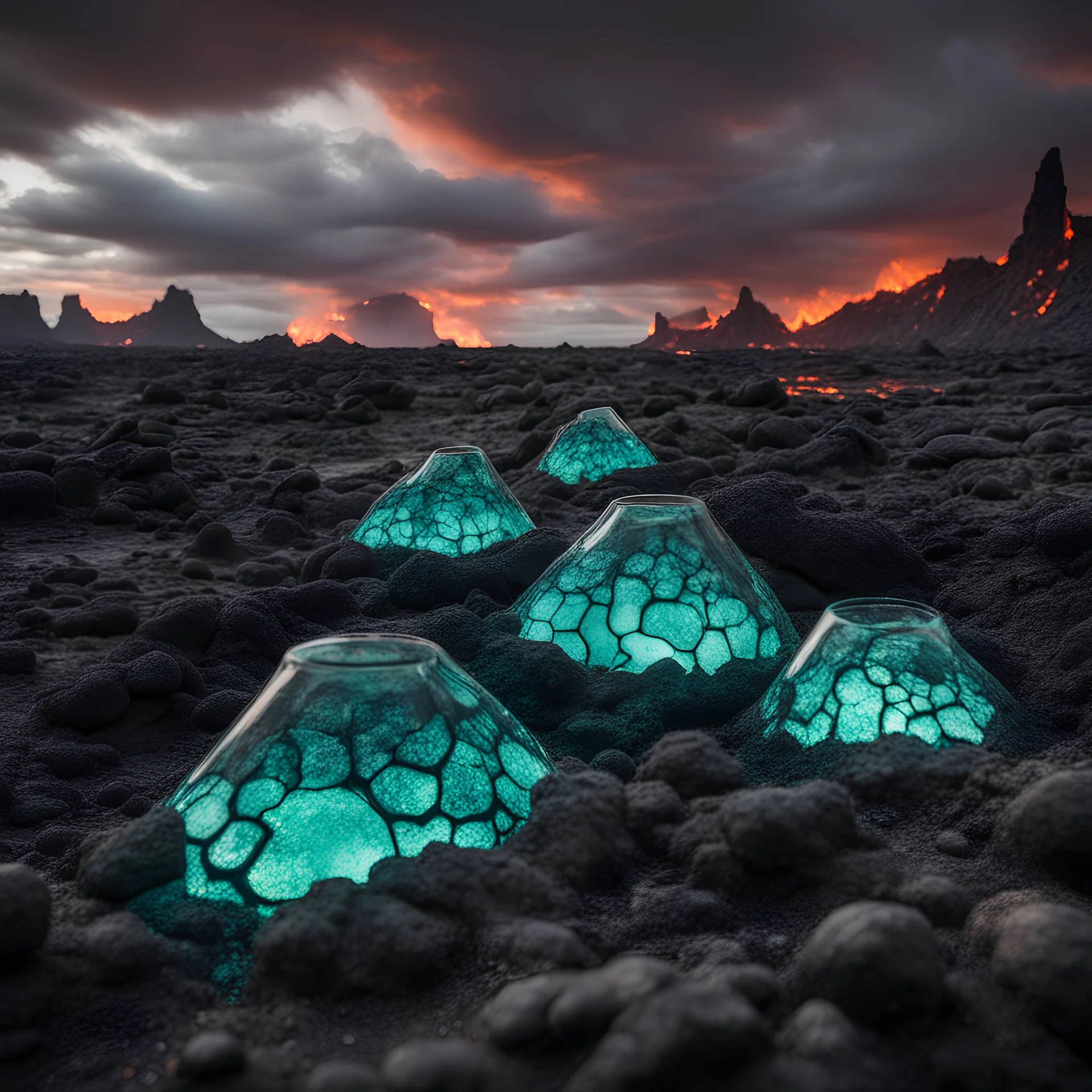 Low angle point of view , lava fields. Syfy connecting glass transport tubes, luminescent ,