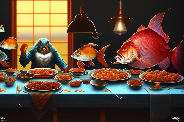 supper, fish sit at the table and eat pieces of people.