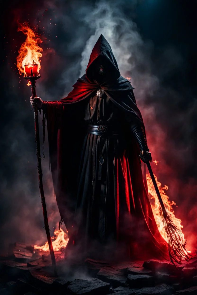 the blood dripping sorcerer known as The Shadow of Death carrying the staff of destruction. black bloody fire. fantasy art, Cinematic lighting, Volumetric lighting, Epic composition,