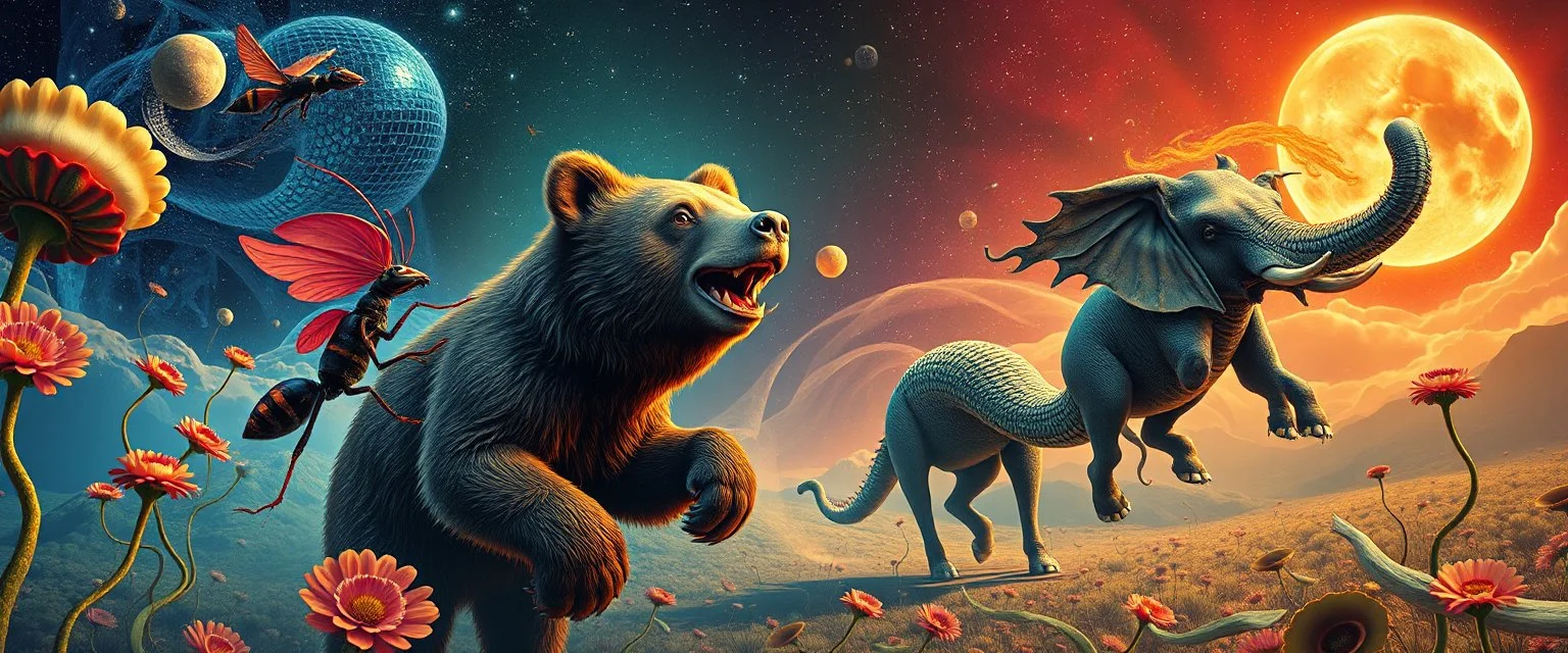 promenade portrait of a bear ant eater squid elephant horse dragon floating in 4 dimensions, goa trance movie poster, stylized art, weird endless plants in the style of Dali and Rembrandt