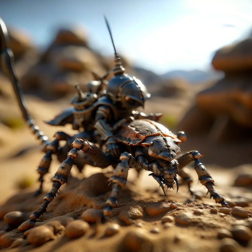 macro photo of knight in armor riding huge ants in castle in the desert, photo-realistic, shot on Hasselblad h6d-400c, zeiss prime lens, bokeh like f/0.8, tilt-shift lens 8k, high detail, smooth render, down-light, unreal engine, downlight