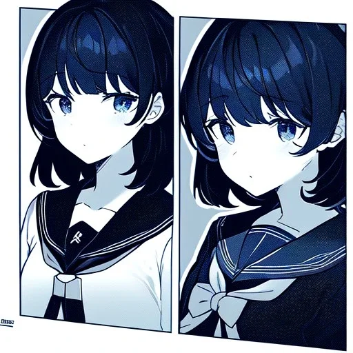 Clear focus,High resolution, black short fluffy hair, long fluffy bangs, and dark blue eyes, Depressed girl, wearing a sailor uniform,Line art