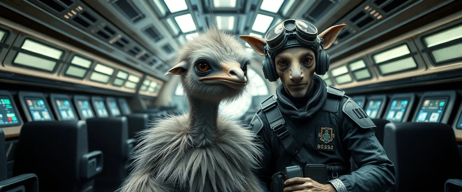 portrait of researcher slender alien emu fluffy captain pilot focus gremlin cyber punk with two crew members, in sci fi air ship waiting hall, in future dynasty