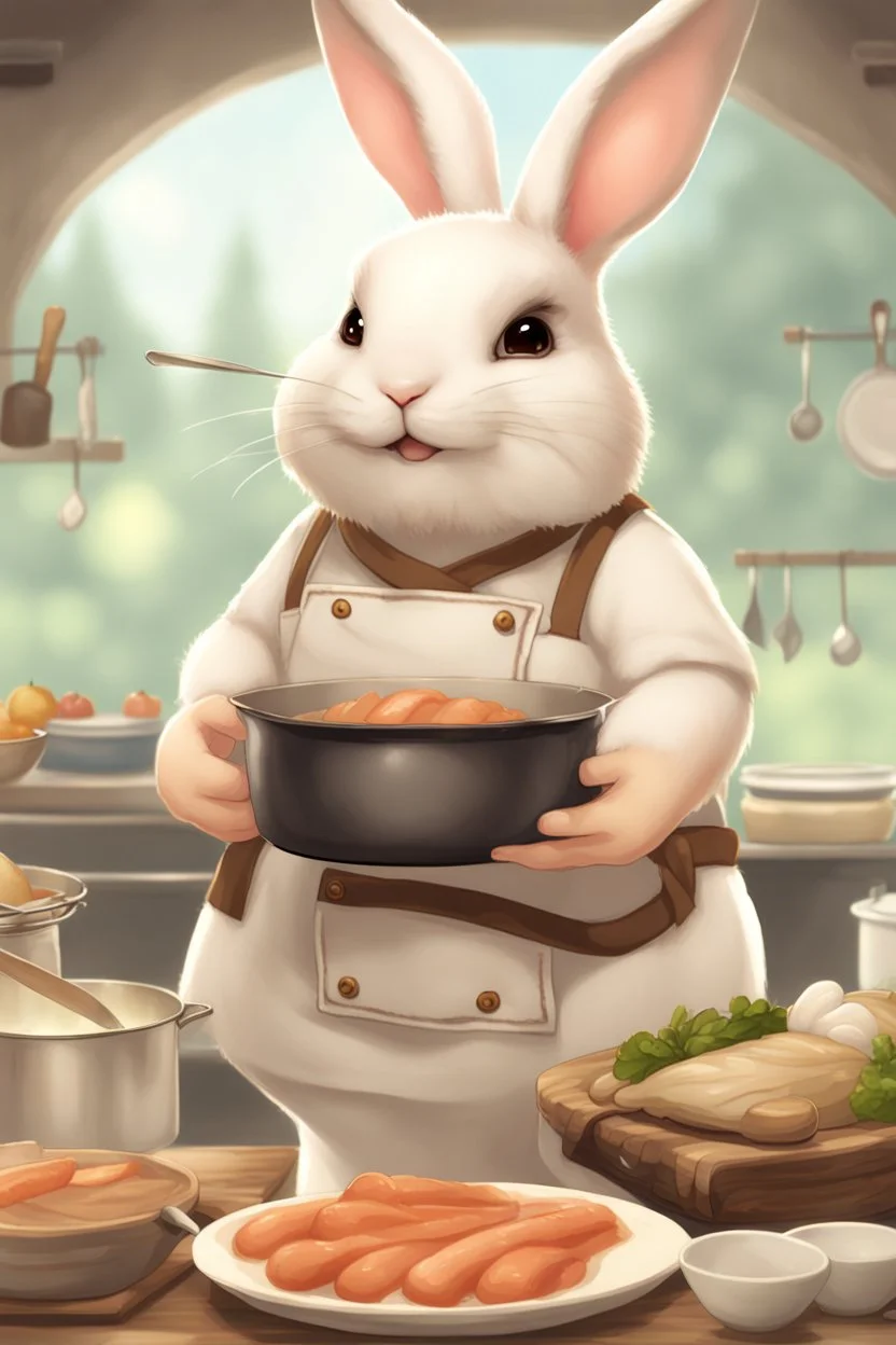 Cute chubby bunny man floppy ears adventurer dnd cooking art realism