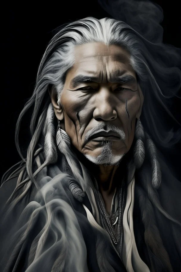 a photo of an Native american indian man with ethnic jewelry, grey hair and grey flowing robe, in style of Annie Leibovitz, contemporary portrait of a mature yet beautiful and modernist man, black and grey, detailed masculine face, swirling fluid smokey enigma, award-winning artwork