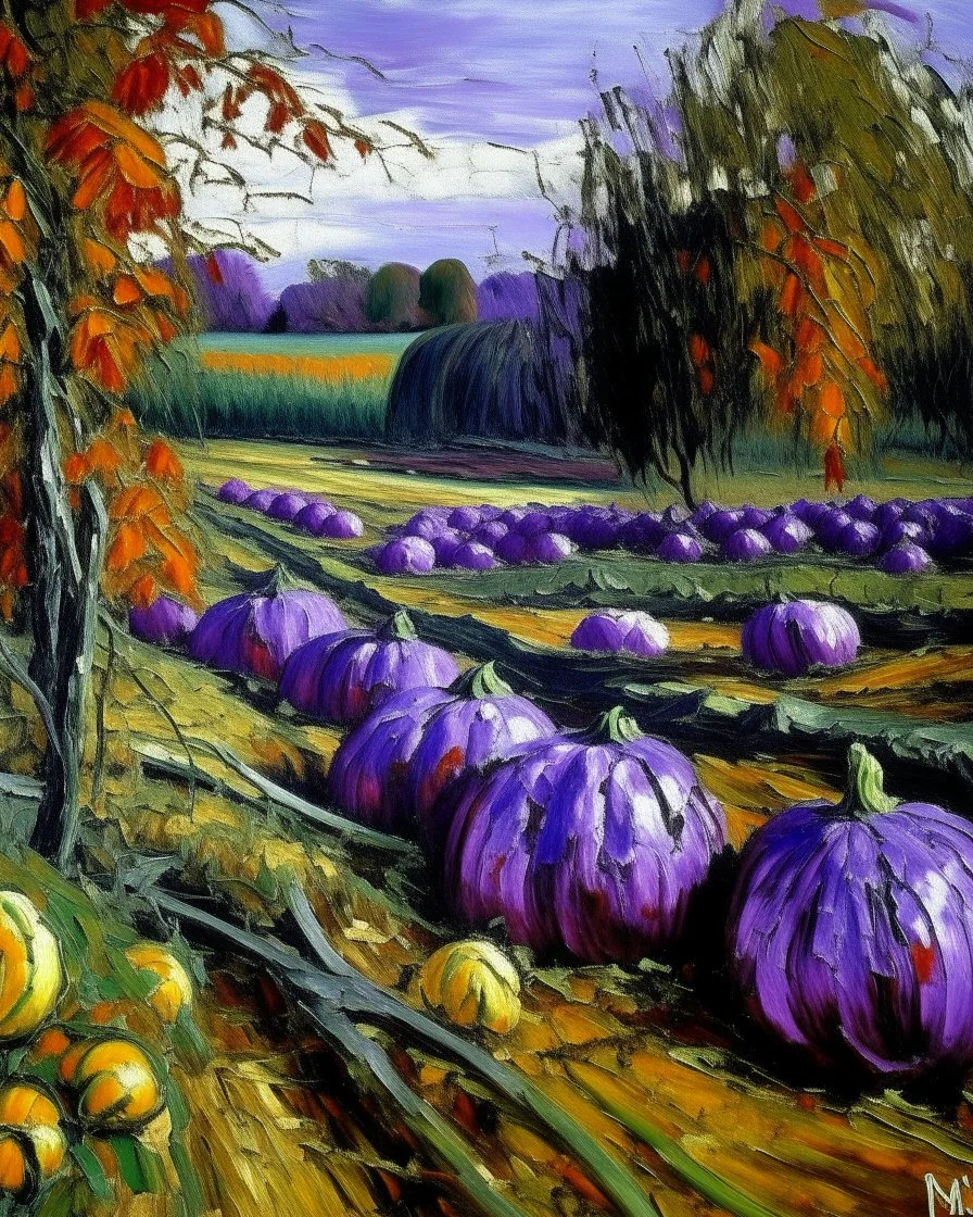 A purple swamp with pumpkins painted by Claude Monet