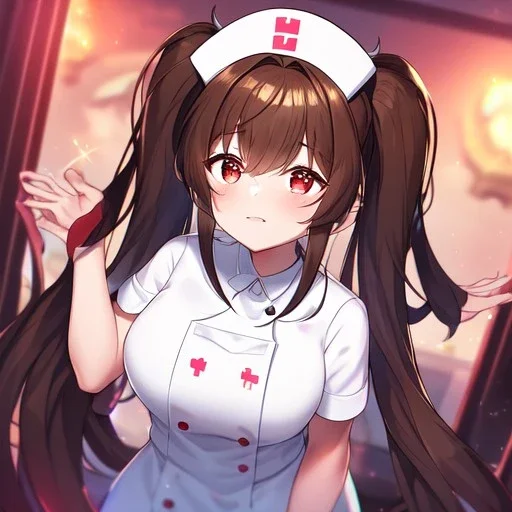 Clear focus, High resolution, Rough line, cute, anime style, big eyes, red eyes, sparkling eyes, brown hair, red eyes, thick eyelashes, wearing a nurse outfit, long twin tails, long bangs