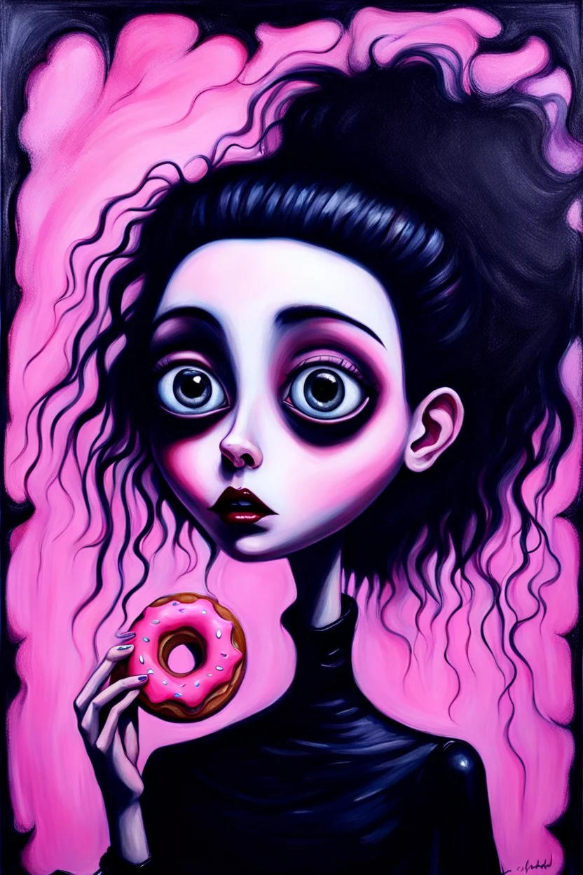 Wet Oil painting, A thin young goth woman with big eyes and big hair caracter in Tim Burton style, in a very long black dress hold a pink doughnut standing front an old of 3d cracked wall Acrylic using thick smooth strokes, pastel alcohol ink and Impasto.