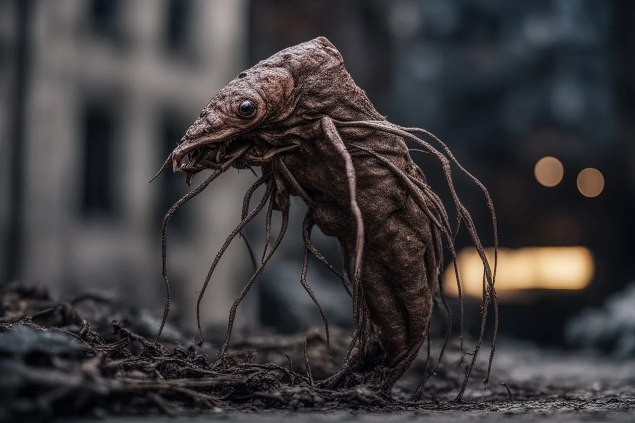 Extreme grandiose and cinematic photo in realistic colors (sparks around) ((Rare parasite creature Holding a membranous cocoon)) dirty realistic metal ragged clothes, dynamic pose and expression, in the city ally of ancient tales, high lighting, intricate, 8k, macro photography,