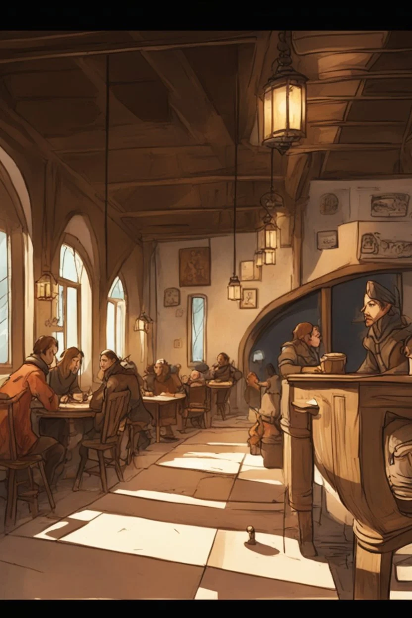 Sketch of the interior of a dnd tavern with people at round tables