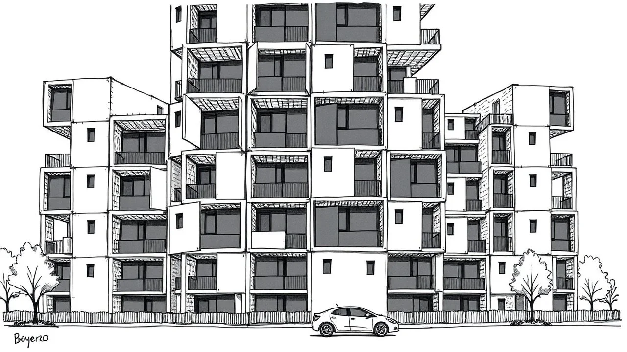 Boyero del EntlebuchFacade of a tower made up of repeated "box upon box" residential modules, with visible assembly joints and dark glass panels. A small car is parked at the base. Illustration in India ink and gray marker, clean lines, without exaggerated shadows.