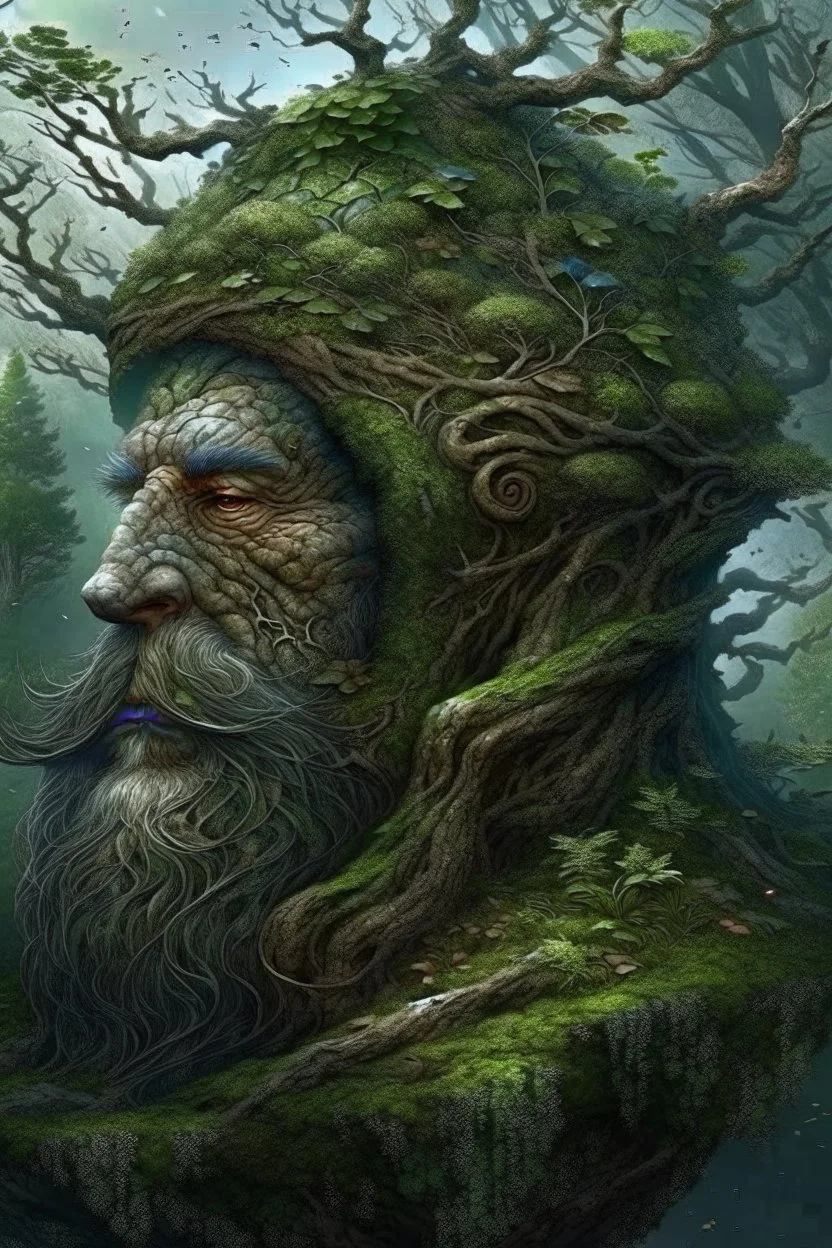 bearded man's head made of ancient weathered stone with a landscape growing on it admidst trees, roots and vines and moss. matte painting by Tomasz Alen Kopera, Dariusz Zawadzki, Zdzisław Beksiński, surreal, colourful, concept art, award winning. razor sharp quality